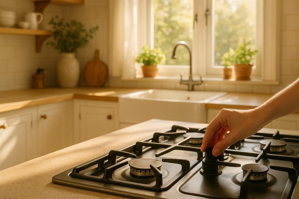 Hand adjusting a home gas stove in a bright kitchen, symbolizing a variable gas plan.