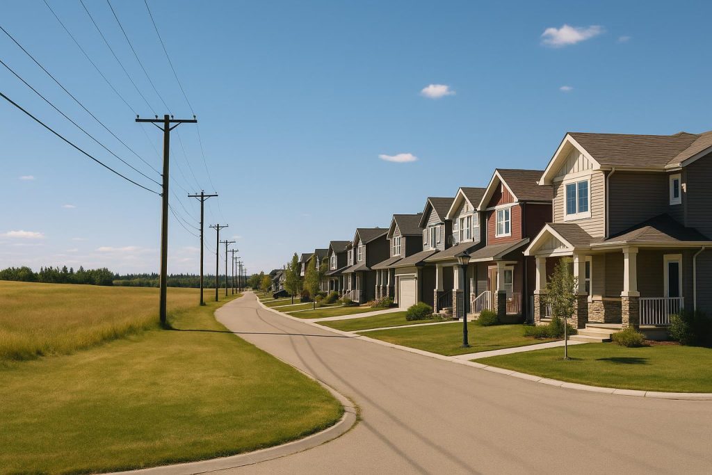 Sunlit street in Alberta showing overhead power lines for local electricity options.