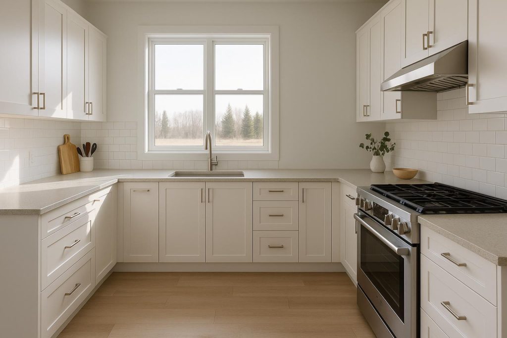 Bright modern kitchen with gas stove visualizing differences in gas rates.