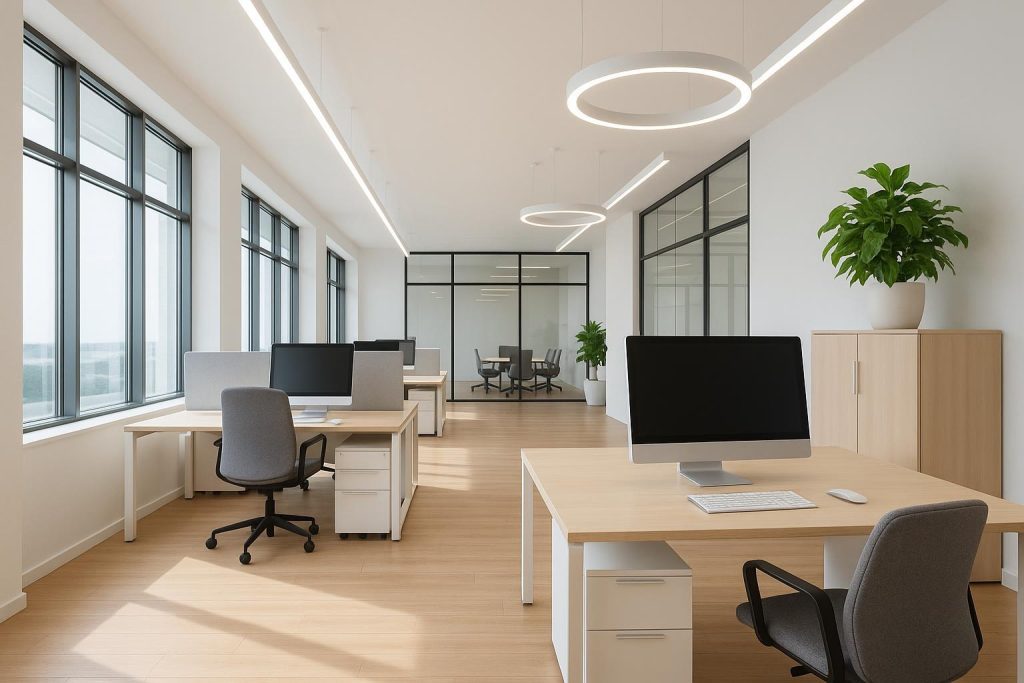 Well-lit office setting illustrating commercial electricity usage.