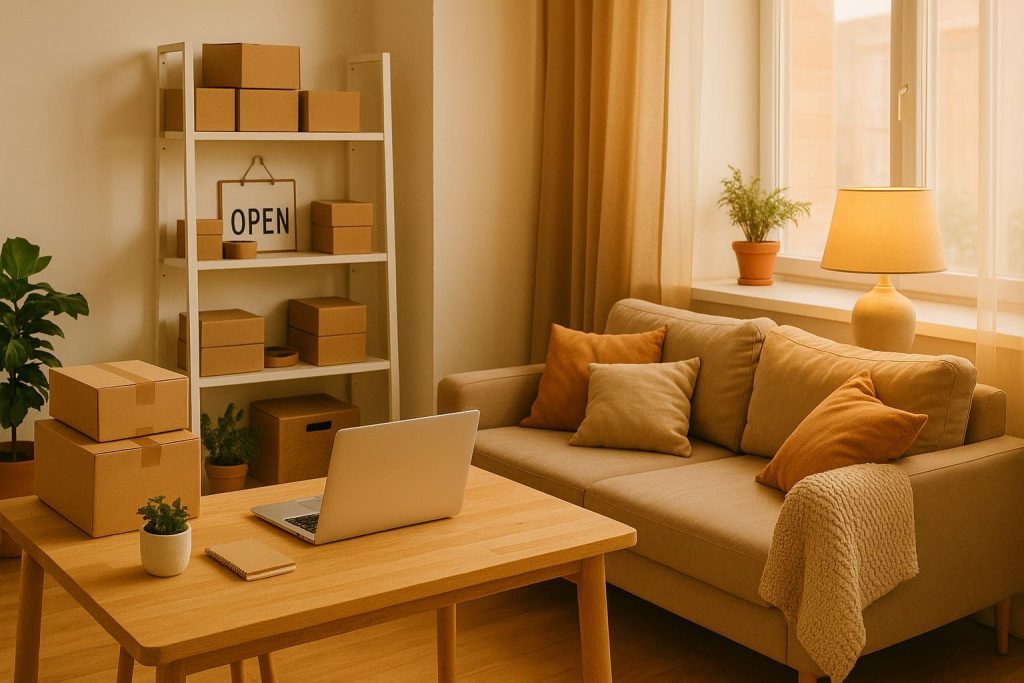 Small business space next to a cozy living room, highlighting different electricity needs in commercial utilities.