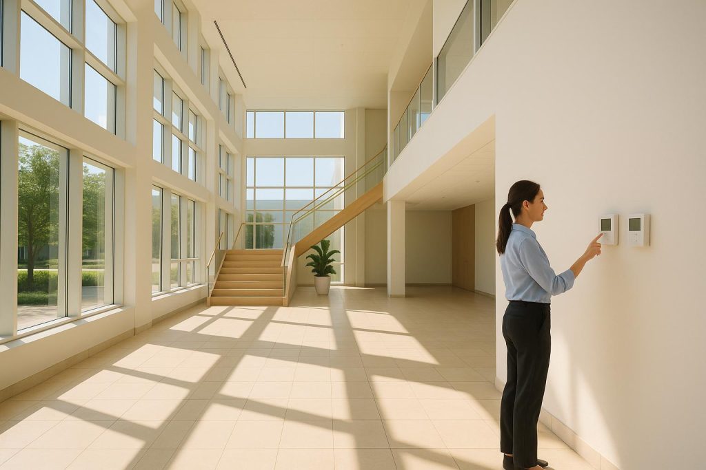 Modern building interior with employees adjusting thermostats to conserve utilities.