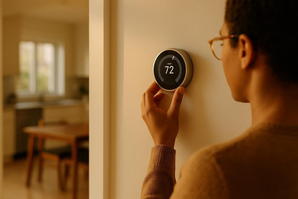 Person adjusting a digital thermostat to lock in energy prices, illustrating stable utilities.