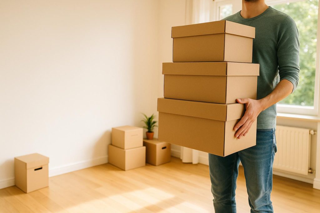 Person moving boxes mid-contract, reflecting a utilities relocation scenario.