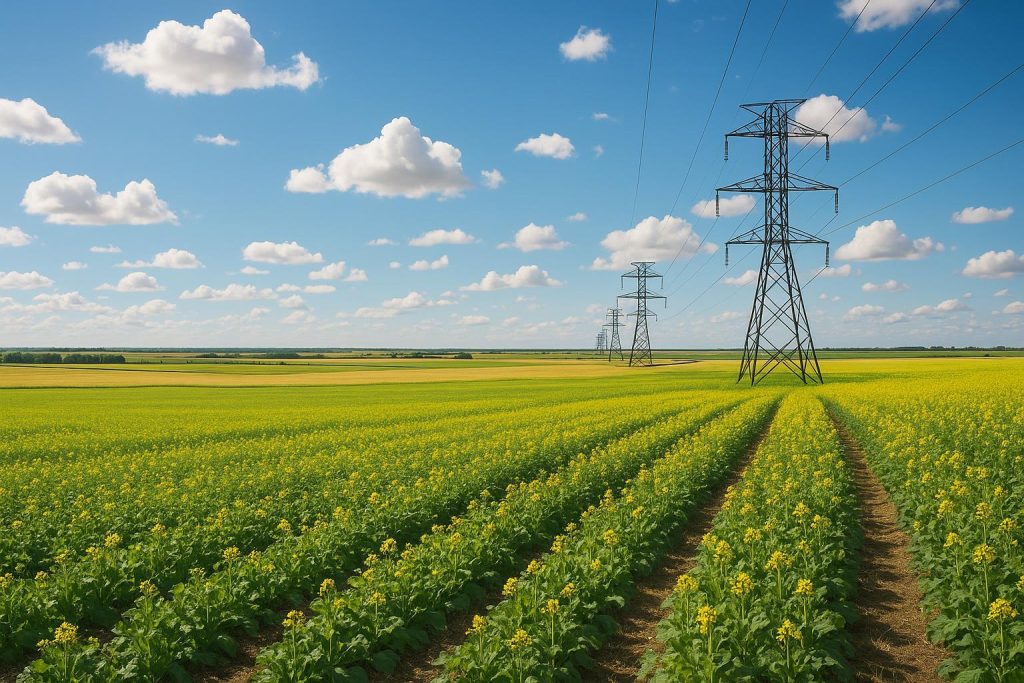 Alberta farmland with power lines illustrating regulated energy.