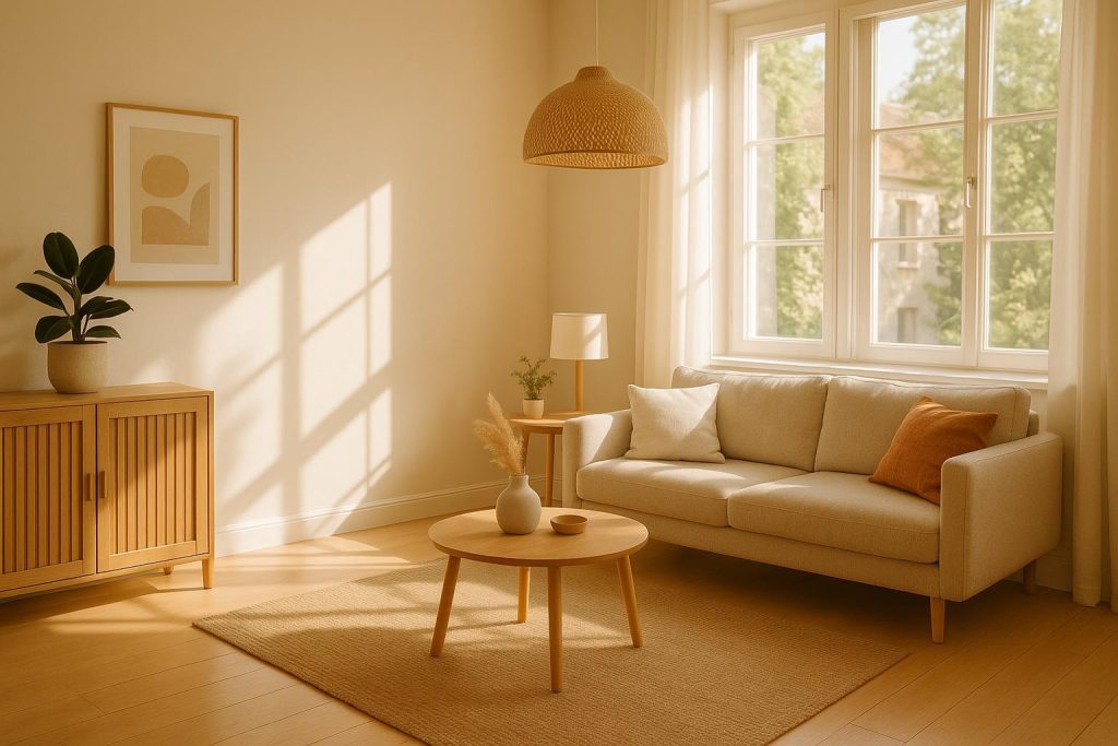 Bright living room illustrating rent coverage of gas and electric utilities.