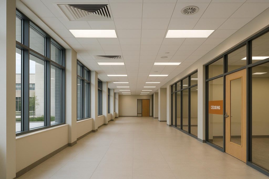 Commercial building interior showing overhead lights and HVAC system, illustrating key utilities usage.