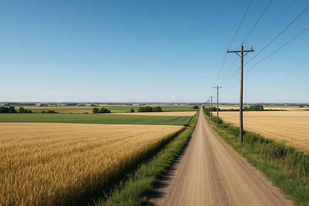 Farmland in Alberta with overhead power lines showing the local utilities network