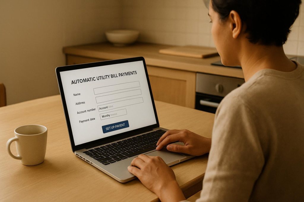 Person using laptop to set up automatic utilities payment online.