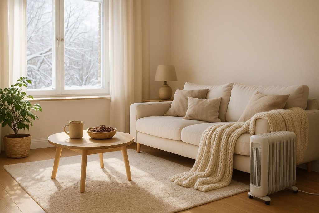 Cozy winter scene with a heater showing why natural gas costs rise in cold months