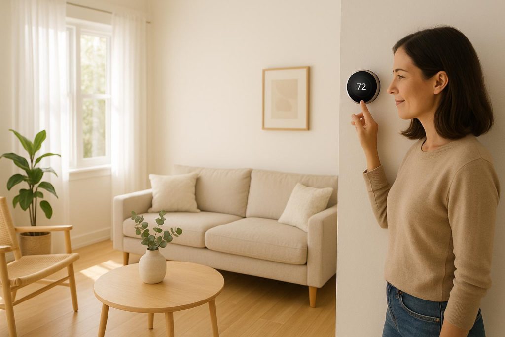 A homeowner adjusting a modern thermostat, highlighting affordable utilities.