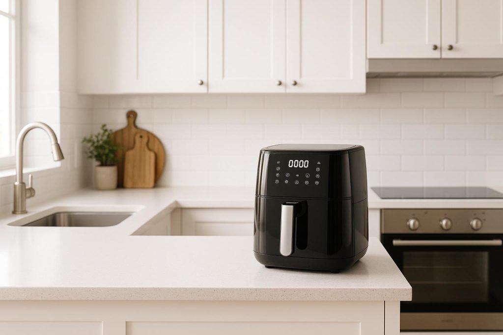 Modern kitchen with an air fryer and oven, highlighting home utilities usage.