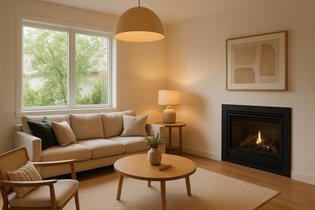 Modern living room showcasing separate utilities with a gas fireplace and electric lighting.