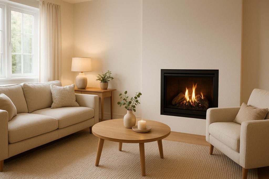 Modern natural gas fireplace in a comfortable living room for safe warmth