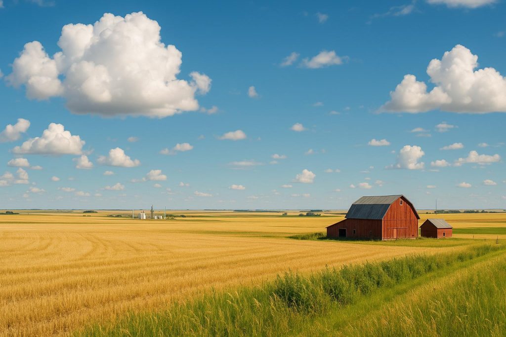 Farmland near Hardisty, Alberta in bright sunlight, representing local natural gas services.