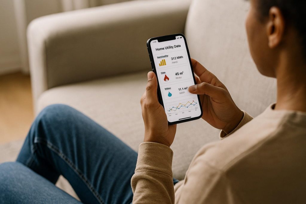 Person reviewing home utilities usage on a smartphone in a bright living space.