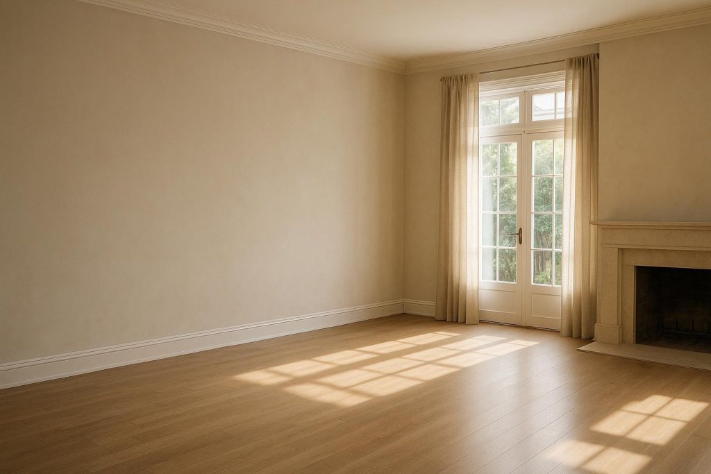 Sunlit empty living room referencing home utilities.