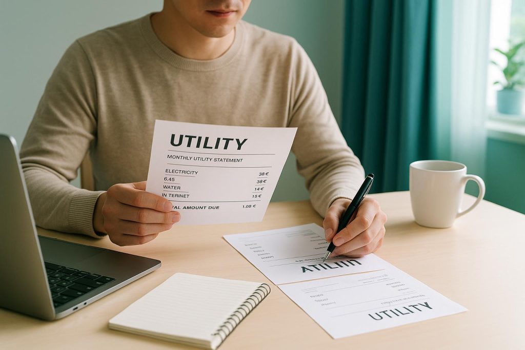 Person reviewing a monthly utility bill at a bright, home table with natural light.
