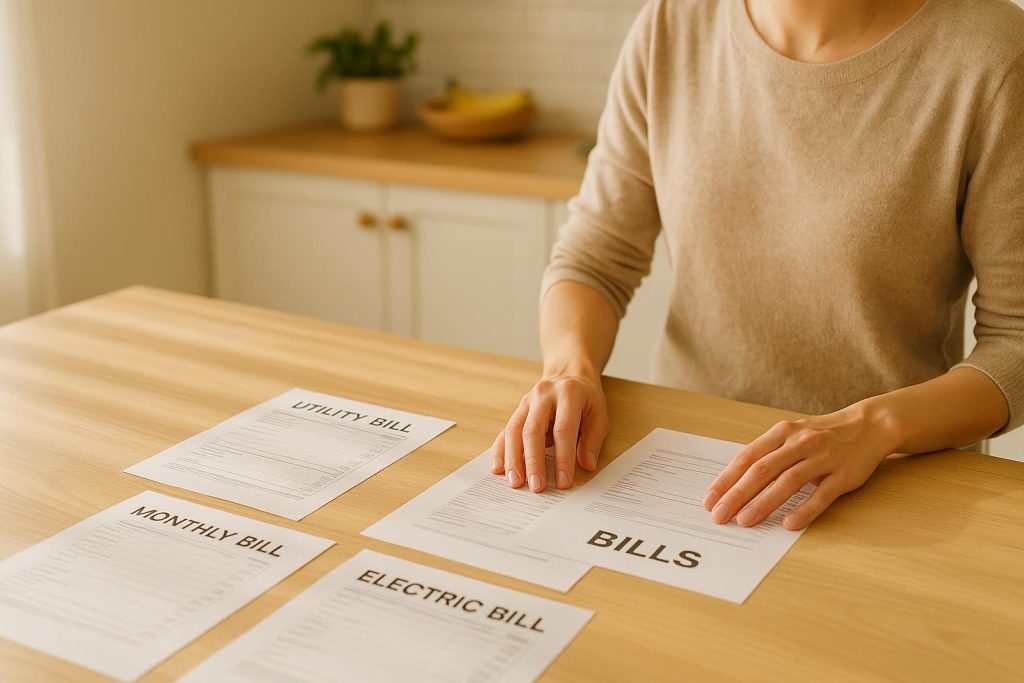 Hands sorting a monthly utility bill with electricity and gas charges.
