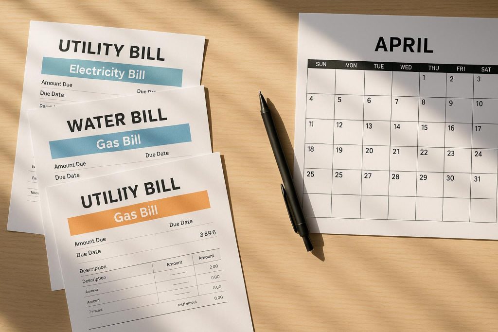 Overhead view of a monthly utility bill and calendar, showing monthly payments.