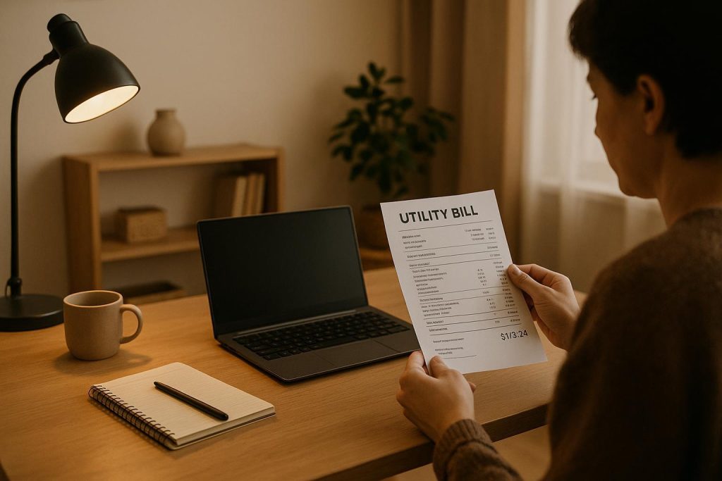 Person reviewing a utility bill in Alberta at a desk.