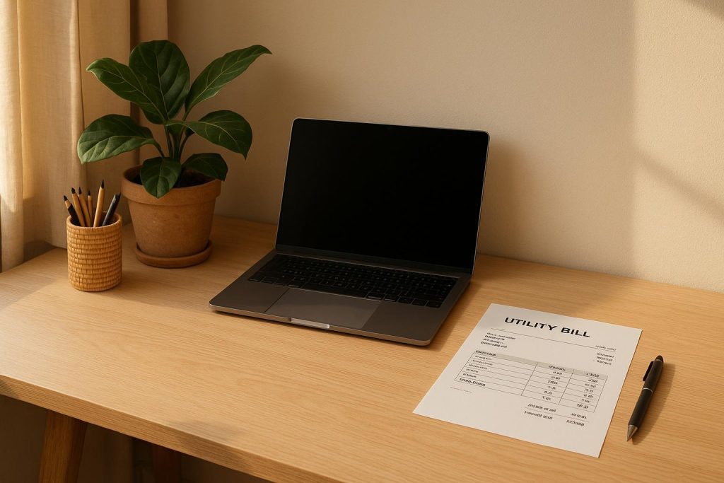 Close-up of a utility bill on a desk showing taxes and charges.