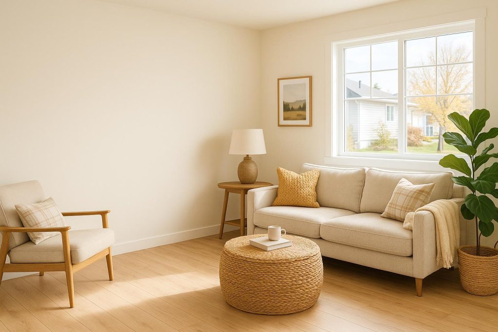 Sunlit Alberta living room referencing home utilities.