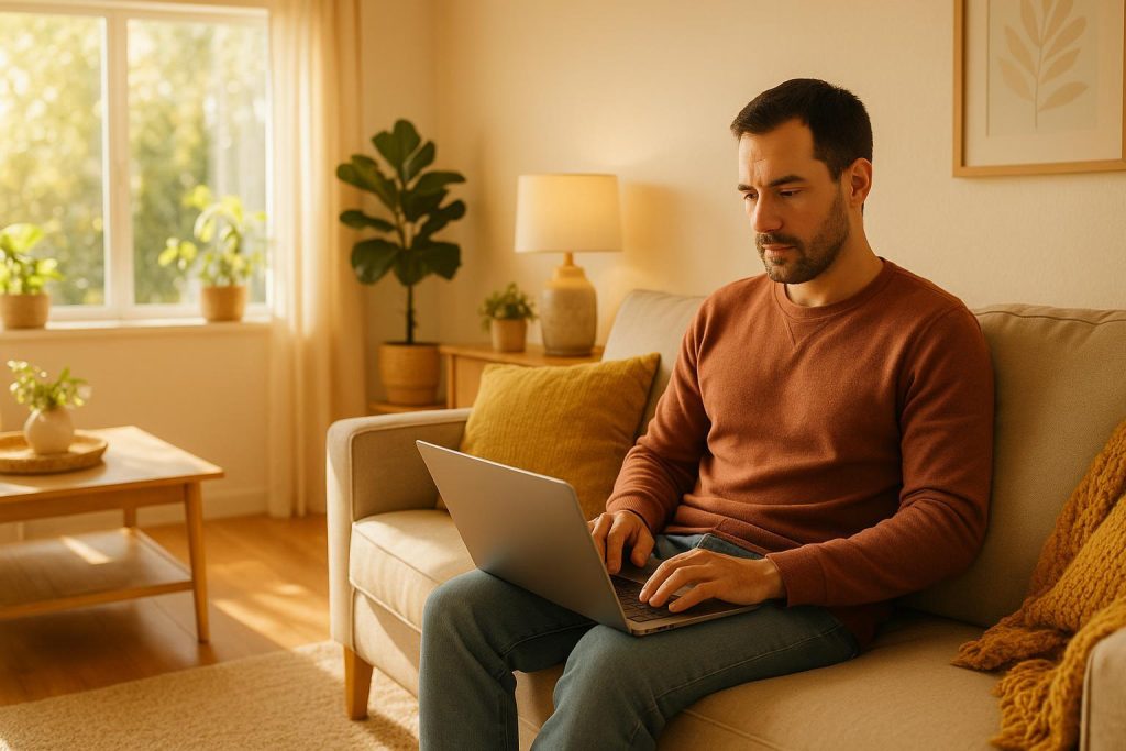 Homeowner reviewing home utilities provider options on a laptop.