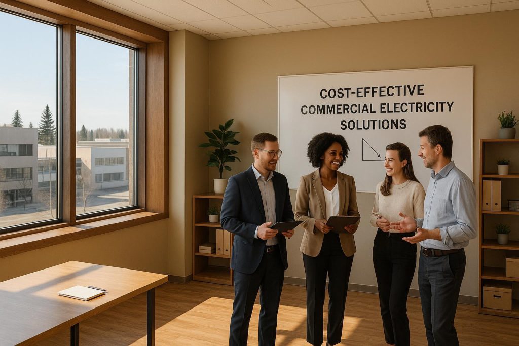 Business owners reviewing commercial electricity rates inside a bright modern office