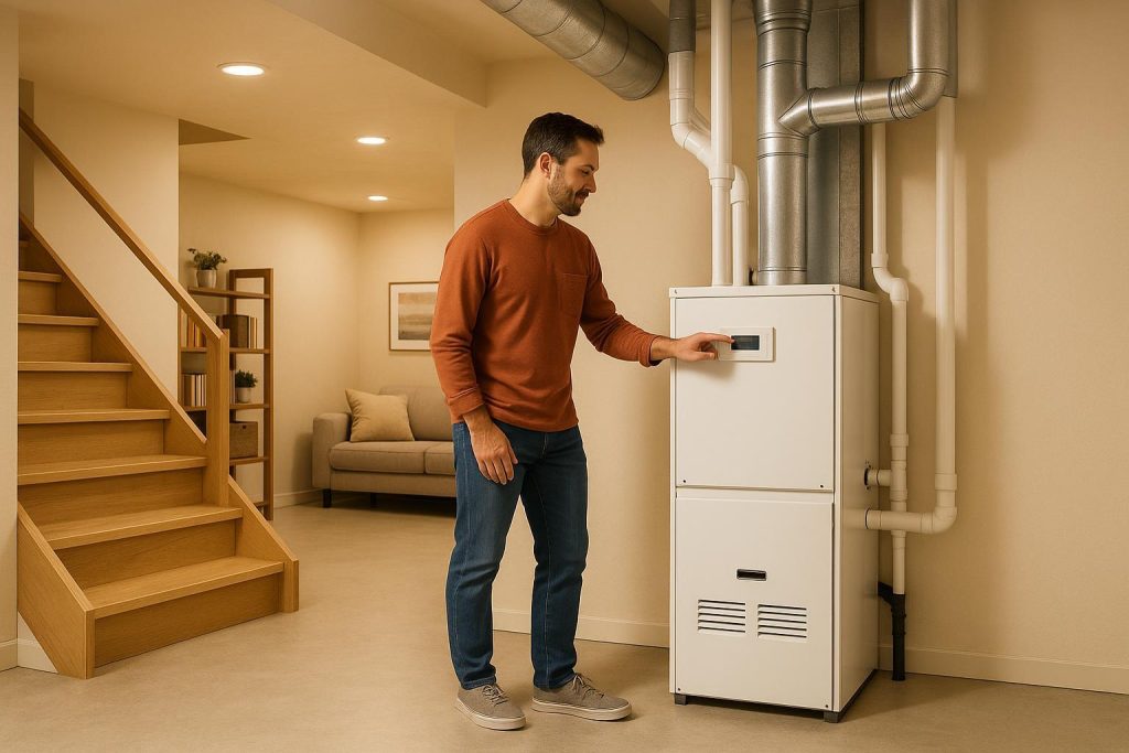 Homeowner adjusting a modern natural gas furnace in a bright basement.