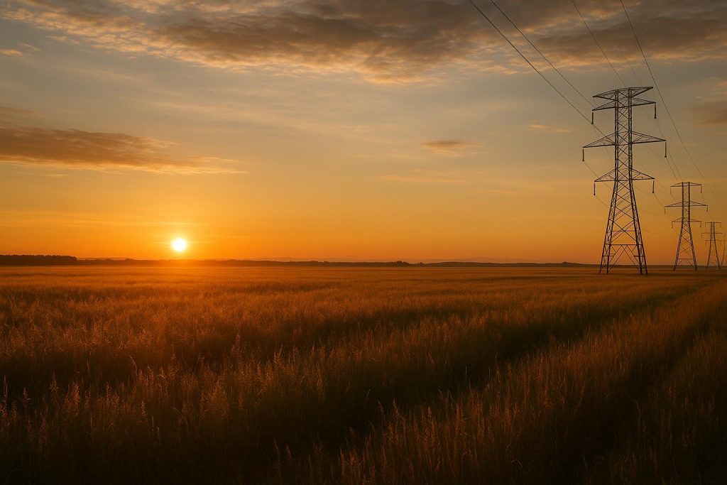 Power lines stretching across an Alberta field, illustrating energy deregulation in Canada.