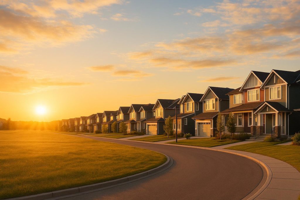 Modern Calgary suburb at sunrise, referencing natural gas utility providers in Calgary.