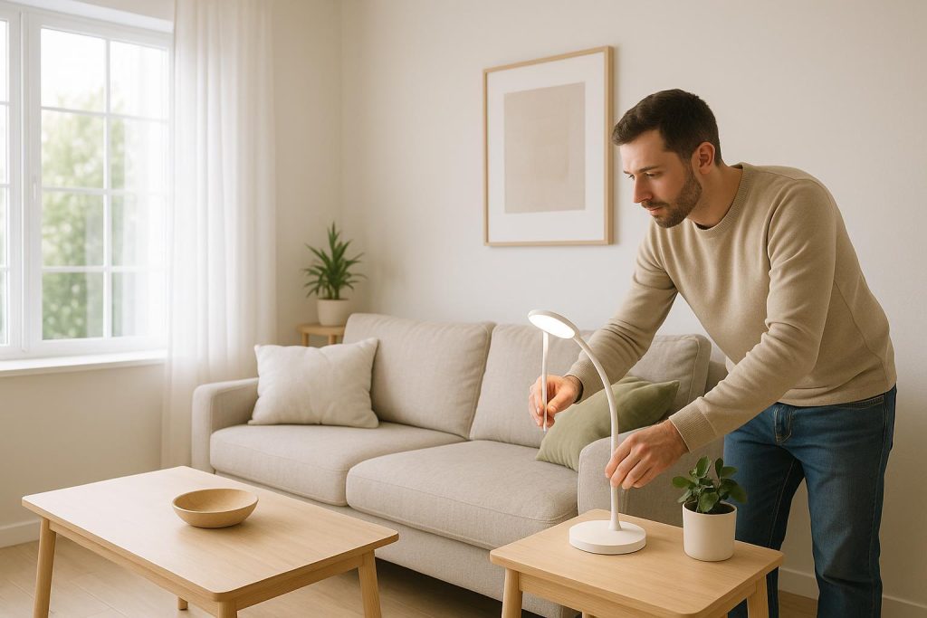 A homeowner adjusting an LED lamp to save on budget electricity rates.