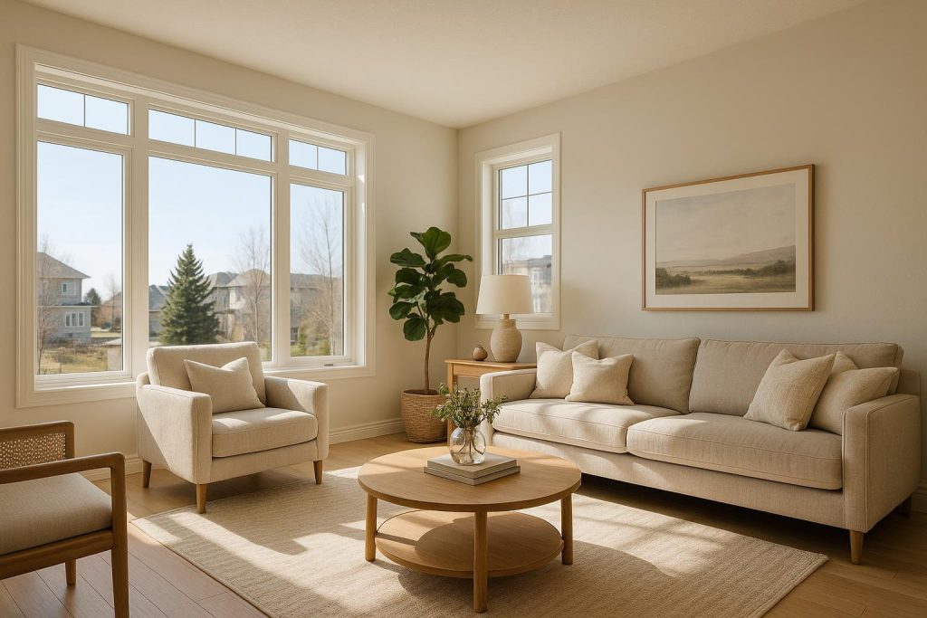 Bright Edmonton living room showing a typical setting for an average utility bill.