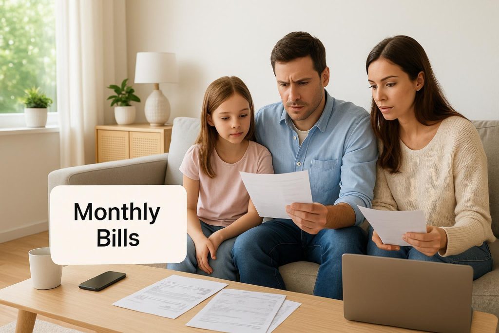 A family checks monthly expenses, showing how utility prices affect their household budget.