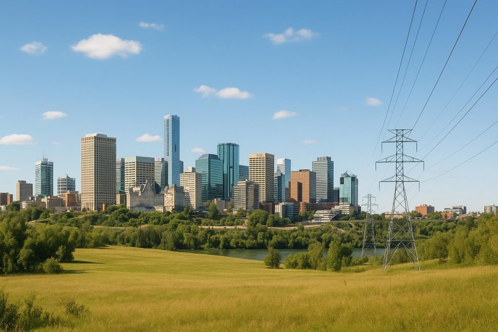 Edmonton skyline and power lines illustrating local power companies in Edmonton