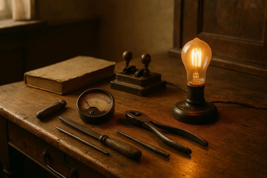 Vintage scientific setup with an early light bulb symbolizing the beginnings of electricity.