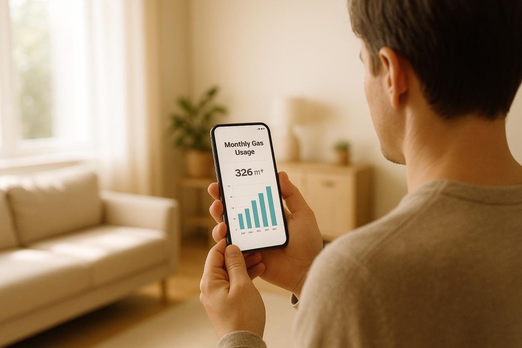 Person checking a variable gas rate plan on a smartphone at home.