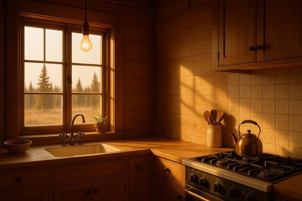 Alberta kitchen scene showing combined gas stove and electric lighting for buying gas and electricity together.