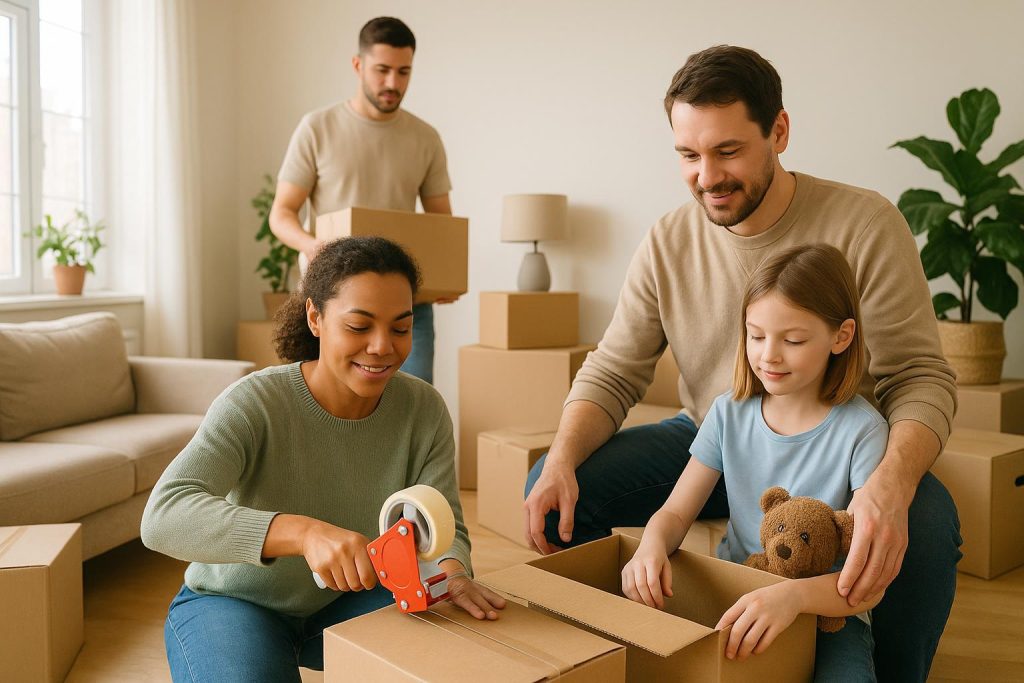 Family packing boxes in a bright living room, capturing a stress-free move.