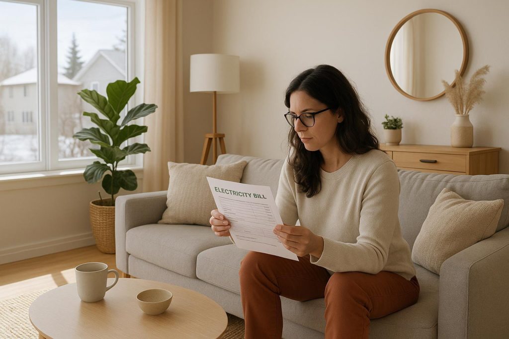 Alberta resident reviewing a high power bill in a bright living room.