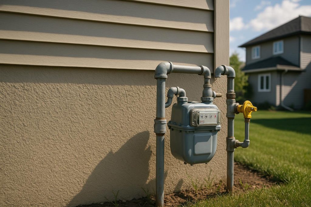 Home gas shut-off valve near an exterior meter box for emergency access.