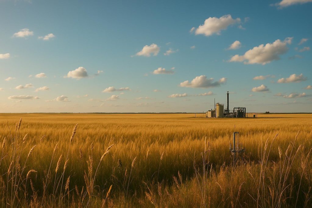 Alberta field with a natural gas facility in the background.