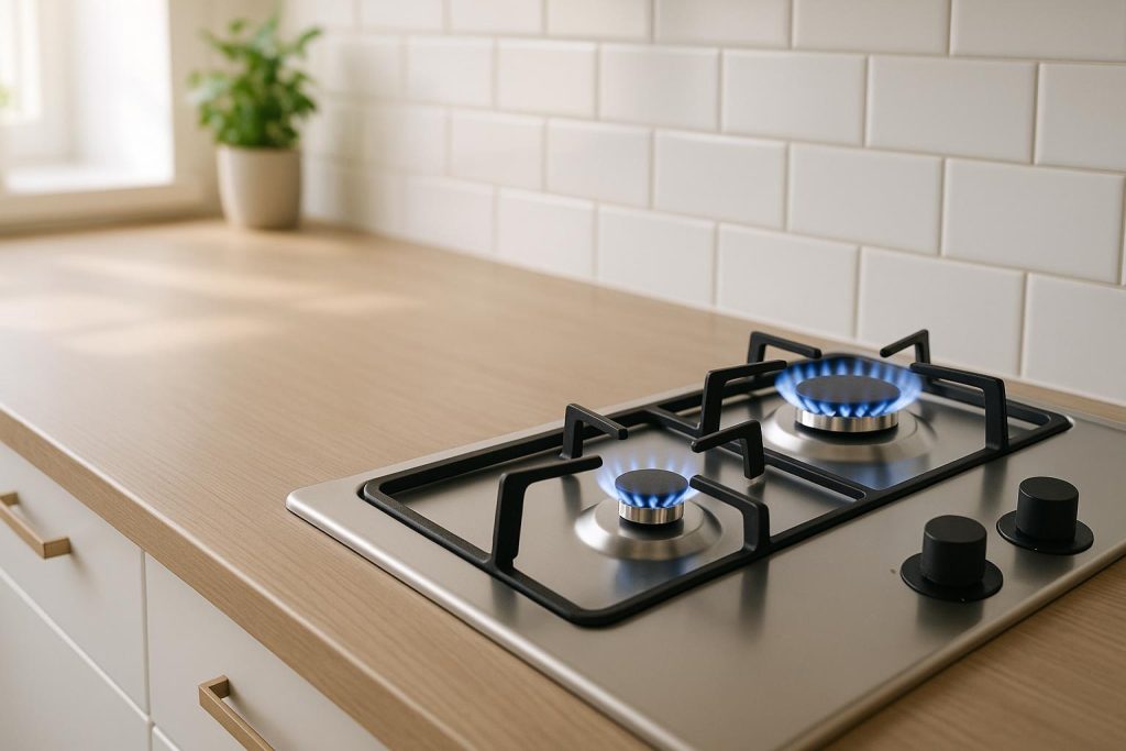 Close-up of a gas stove's two burners at different flame levels, symbolizing fixed and variable gas rates.