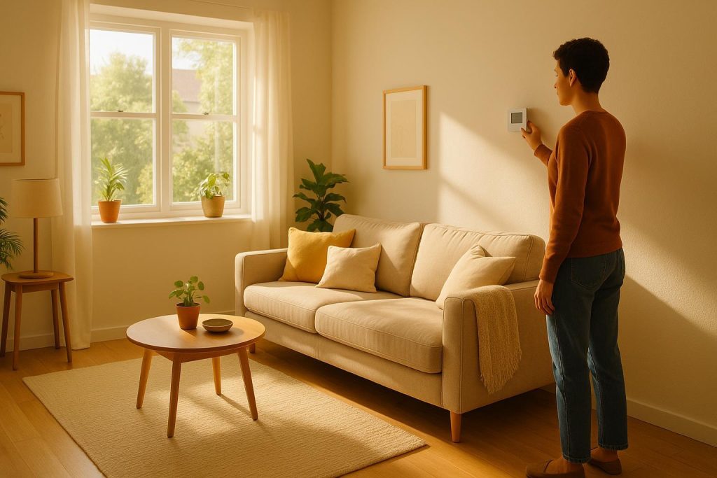 A person adjusting the thermostat in a bright living room to reduce residential electricity rates.