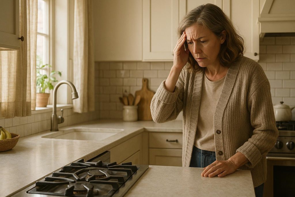 Concerned homeowner checking the stove for a natural gas leak at home.