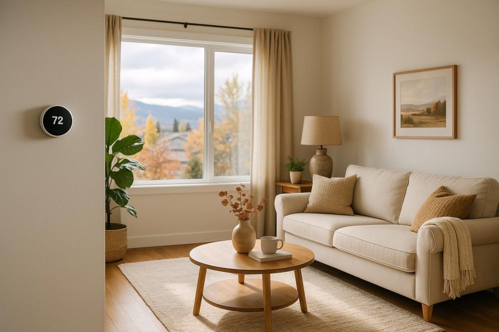 Modern living room with a thermostat, illustrating seasonal electricity usage.