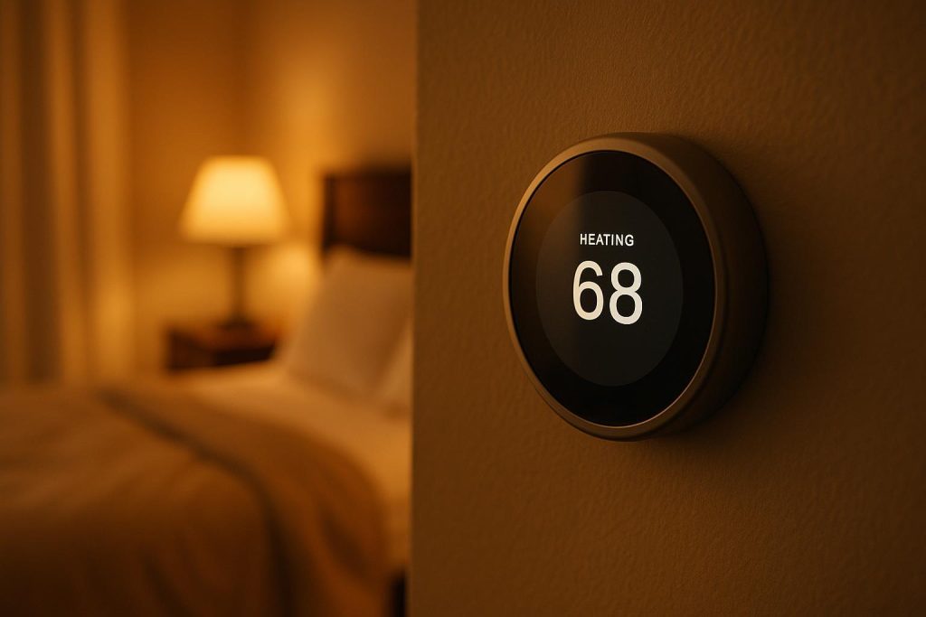 A thermostat set lower at night for natural gas savings.