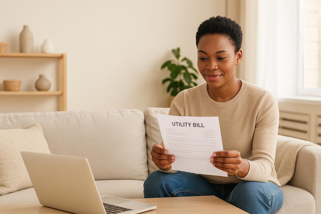 Adult reviewing paperwork for a new utilities account in a bright living room.