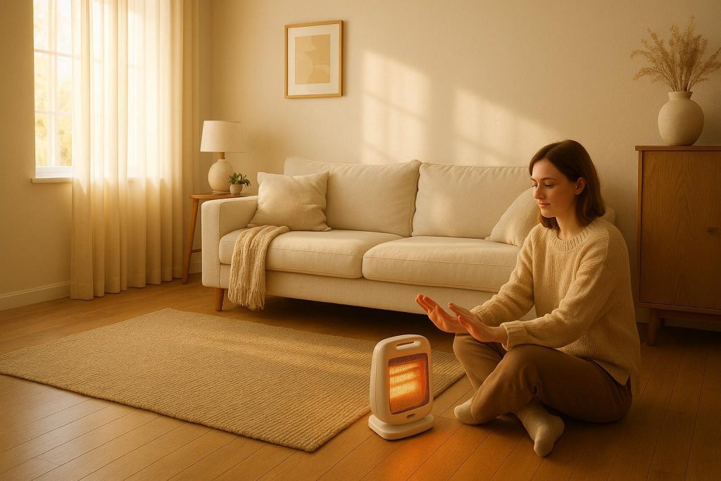 Cozy living room with a small space heater, highlighting energy efficiency.